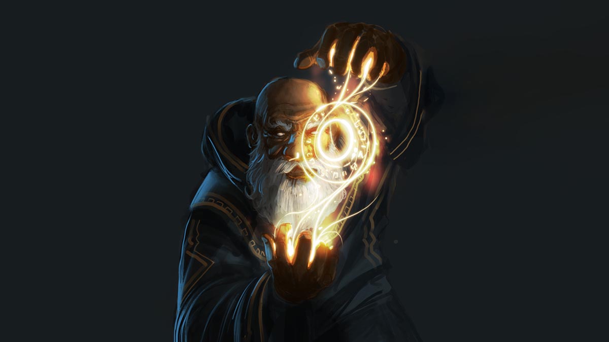 Ilustração de um mago com barba branca e vestes escuras, conjurando uma esfera mágica luminosa com símbolos brilhantes