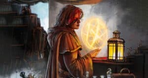 Mago de Dragonlance em túnica marrom conjura um símbolo mágico luminoso em seu laboratório encantado.